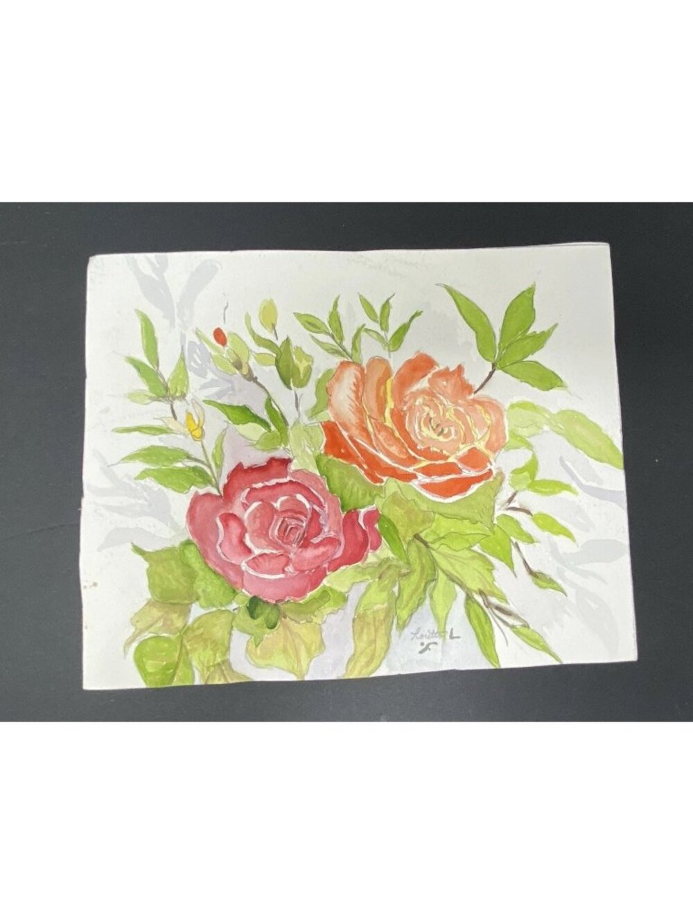 Watercolor Painting Pink And Coral Roses With Leaves Signed by Artist 8x10